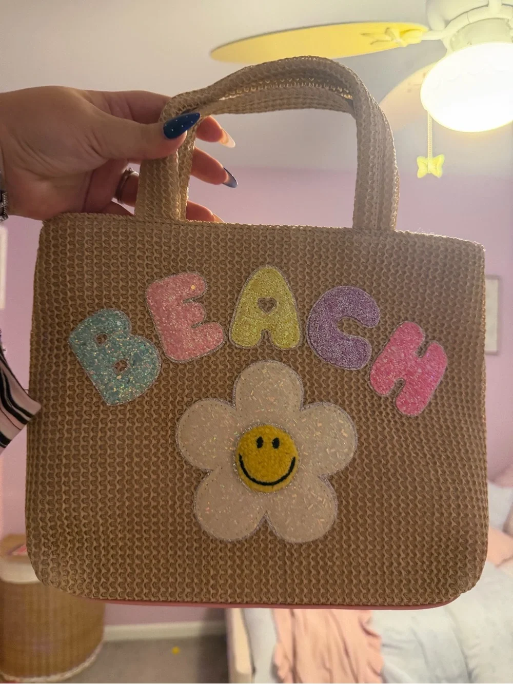 Beach Smiley Daisy Straw Tote Bag - Natural with Pastel Letters